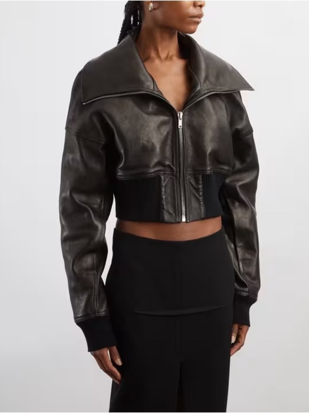 Rick Owens Black Cropped Leather Zip Jacket with Oversized Collar